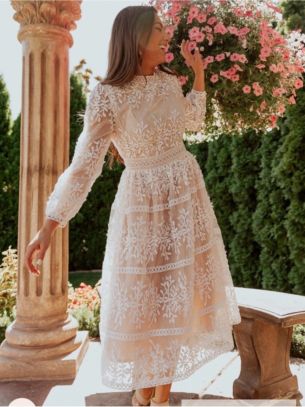 Ivy City Co Blush Nude Lace Long Sleeve Midi Dress